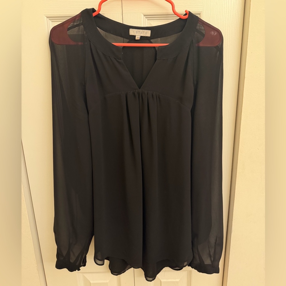 🔴1. State Black Sheer Long-Sleeve V-Neck Blouse